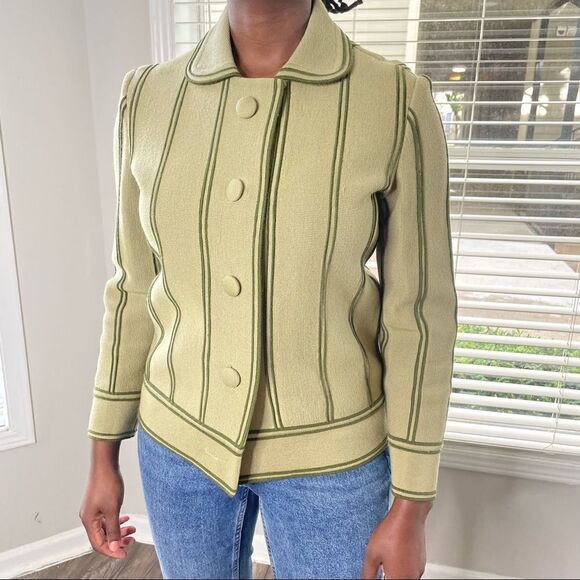 Vintage Green Striped Piping Collared Cardigan S/M - Picture 3 of 10